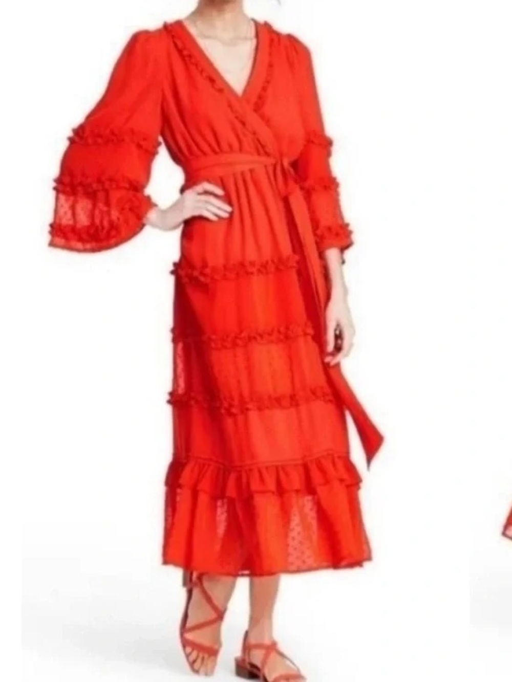 Alexis For Target Dark Orange Angel Sleeve Tiered Ruffle Dress